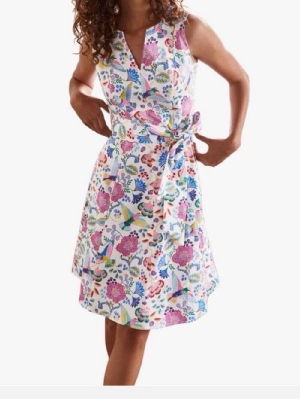 Boden White Floral Bird Midi Dress 10R Fit & Flare Sleeveless Cottage Preppy